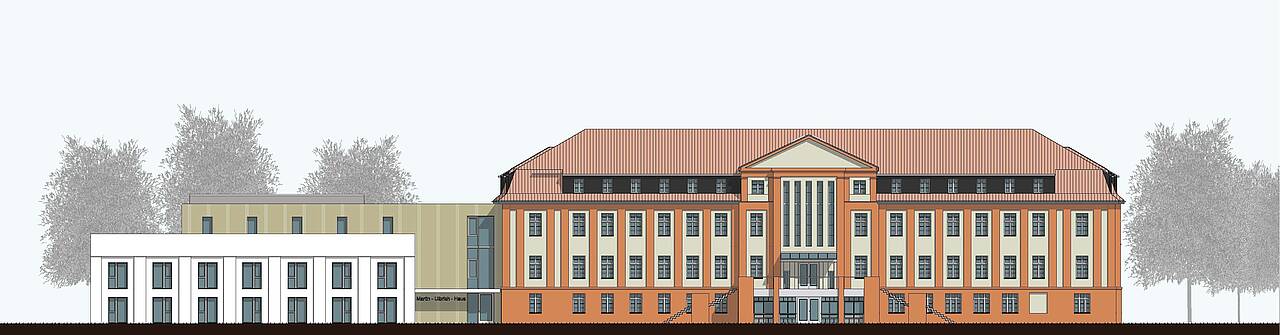 Architektenzeichnung zur Planung für das Martin-Ulbrich-Haus der Pfeifferschen Stiftungen, Ansicht Nord. 